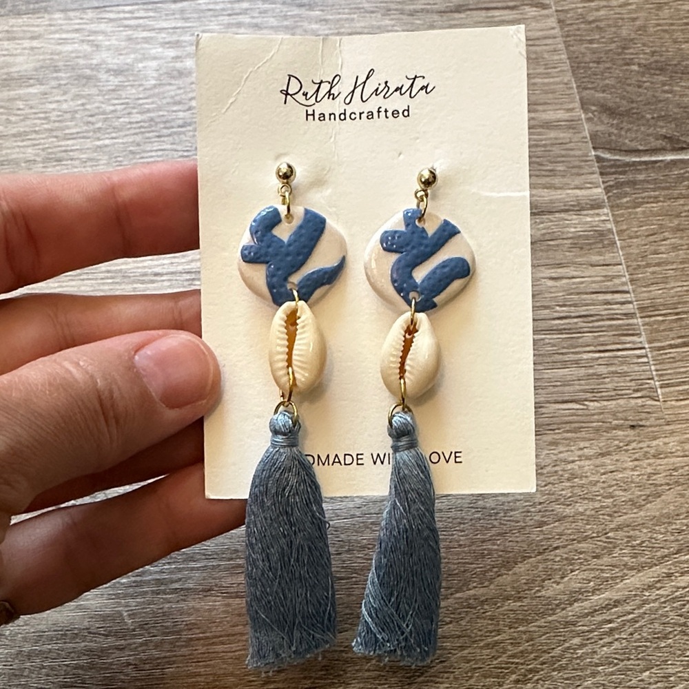 Ruth Hirata Handcrafted Blue Tassel Shell Drop Earrings